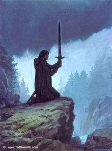 Torin, Cabed Naeramarth’de diz çökerek kılıcıyla konuşuyor (Ted Nasmith)