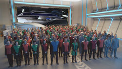 The entire crew of the USS Orville lined up in the Shuttle Bay during Roll Call