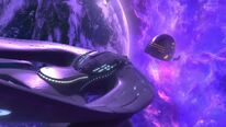 The USS Orville faces a Moclan battlecruiser in orbit of the sanctuary world.