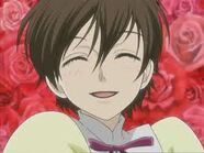 Haruhi in Ouran Academy's female uniform.