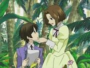 Kanako "hops" from Tamaki to Haruhi.