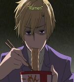 A depressed Tamkai over-consuming "peasant" ramen to comfort himself.