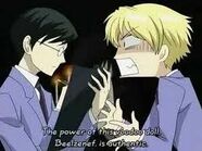 Kyoya Ootori's logic frustrates Tamaki's whimsical beliefs.