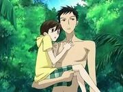 Mori carrying Haruhi in the Tropical Aqua Garden.