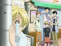 Tamaki sadly stalks Haruhi and Hikaru during their date.