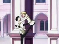 To his dismay, Kyoya is glomped by his soon-to-be-best-friend, Tamaki.