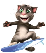 Tom riding a surf board but in a newer style