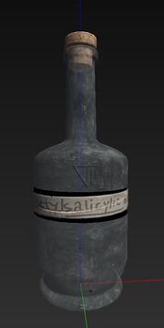 It is a stout green glass bottle with a long neck, with a white paper label wrapped around the body