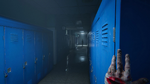 A ghostly figure stares at Blake in a school hallway