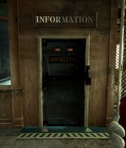 The image shows a blue door with black industrial bolts and two red lights connected to the door handle. It also has the words CONFIDENTIAL in yellow at the top of the door and a grate slot at the bottom.