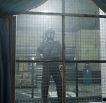 A security guard in a gas mask in the Courthouse