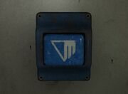 The image shows a blue square button with the white Murkoff symbol on it
