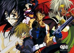 The Cast of Outlaw Star: Gene Starwind, Jim Hawking, Melfina, Twilight Suzuka, Aisha Clan-Clan