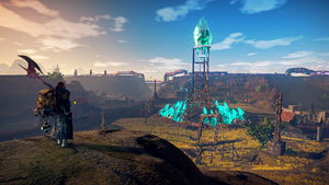 A player overlooking the Vigil Pylon of the region