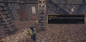 The player speaks to Evangeline about the rising magma levels.