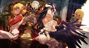 Aura and Albedo sitting on Ainz's lap while Mare stand.