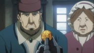 Ainz showing the YGGDRASIL Gold coin to the village chief and his wife.