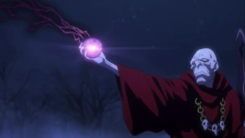 Khajiit used the Orb of Death to channel his spell, [Ray of Negative Energy].