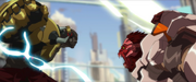 Doomfist and Winston fight in Numbani