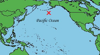 The Pacific Ocean, and Nova Fionia is situated where the red cross is