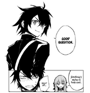 Yu tries to look cool but Shinoa teases him