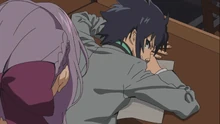 Trying to hide his 0 test result from Shinoa, futilely