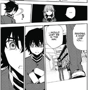 Shinoa observes as Yu says a wimp like him would just be in the way