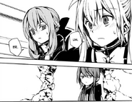 Shinoa and Mitsuba blush at Yu's words about friends