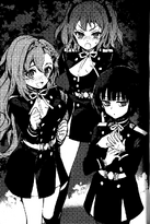 Catastrophe Book 2 - Sayuri, Shigure and Mito in their JIDA uniforms.png