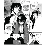 Guren takes Yu by the scruff of the neck