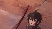 Guren's sword is only stopped from hitting him by Mika's intervention