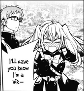 Mitsuba freaking out at Shinoa's virginity comments