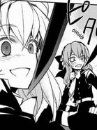 Shinoa and Mitsuba held at sword point