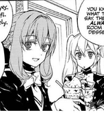 Shinoa and Mitsuba enjoying desert