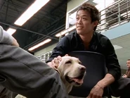 Jia petting Miguel Alvarez's dog.