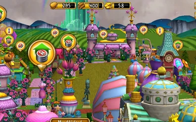 Glinda's house, with the Emerald City in the background.