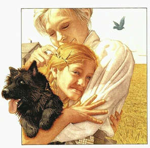 Aunt Em hugs a returned Dorothy and Toto. By artist Charles Santore.