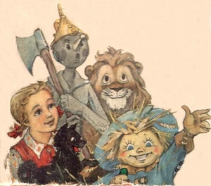 Ellie with Totoshka, Strasheela, Cowardly Lion, and Iron Woodsman
