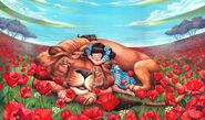 Dorothy, Toto and Lion asleep amongst the poppies.