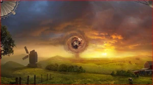 This image is the first "screen" of Infinite Oz; it depicts DG's farmstead in Kansas. From there, players can zoom through the cyclone into Oz, and then into various disparate regions from there.