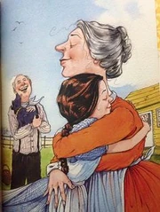 Aunt Em embracing her niece after Dorothy's return to Kansas.
