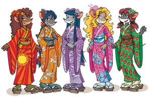 The Thea Sisters wearing kimonos