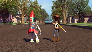 Woody and Buzz watch the minivan drive away