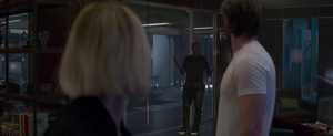 War Machine in Captain Marvel, speaking with Captain America and Black Widow.