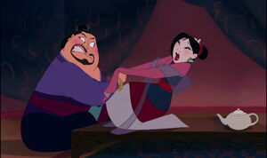 Mulan trying to stop the Matchmaker from drinking Cri-Kee.