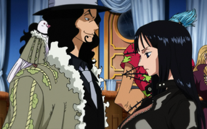 Nico Robin howing obedience to Rob Lucci