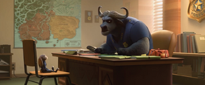 Judy being scolded by Chief Bogo for leaving her post—despite the fact that she stopped a crook.