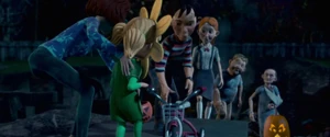 Nebbercracker, Chowder, Jenny, and DJ returning the tricycle he stole back to the little girl he scared yesterday.