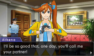 Talking to her boss, Phoenix Wright.