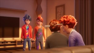 Marc looking at Nathaniel's parents as they read the comic book